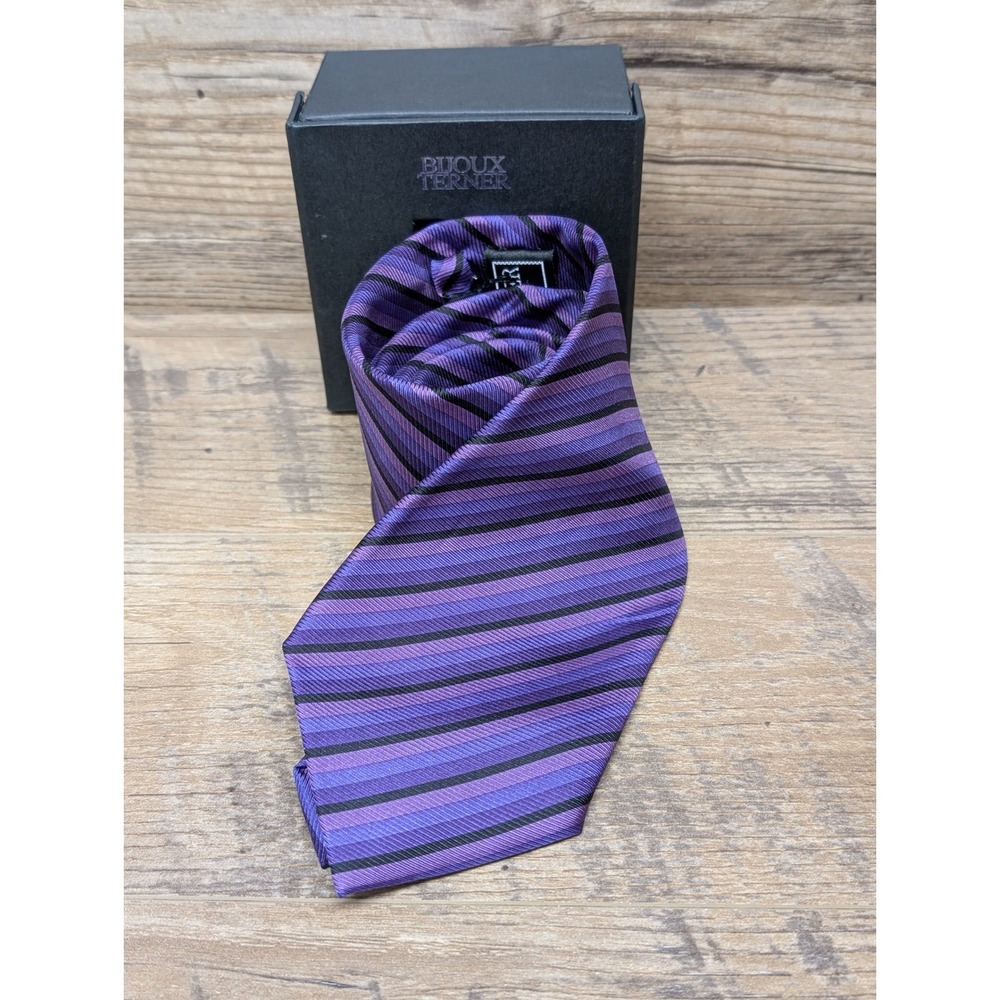 Bijoux Ternel Striped Silk Necktie Men's Purple Black Business Classic Tie
